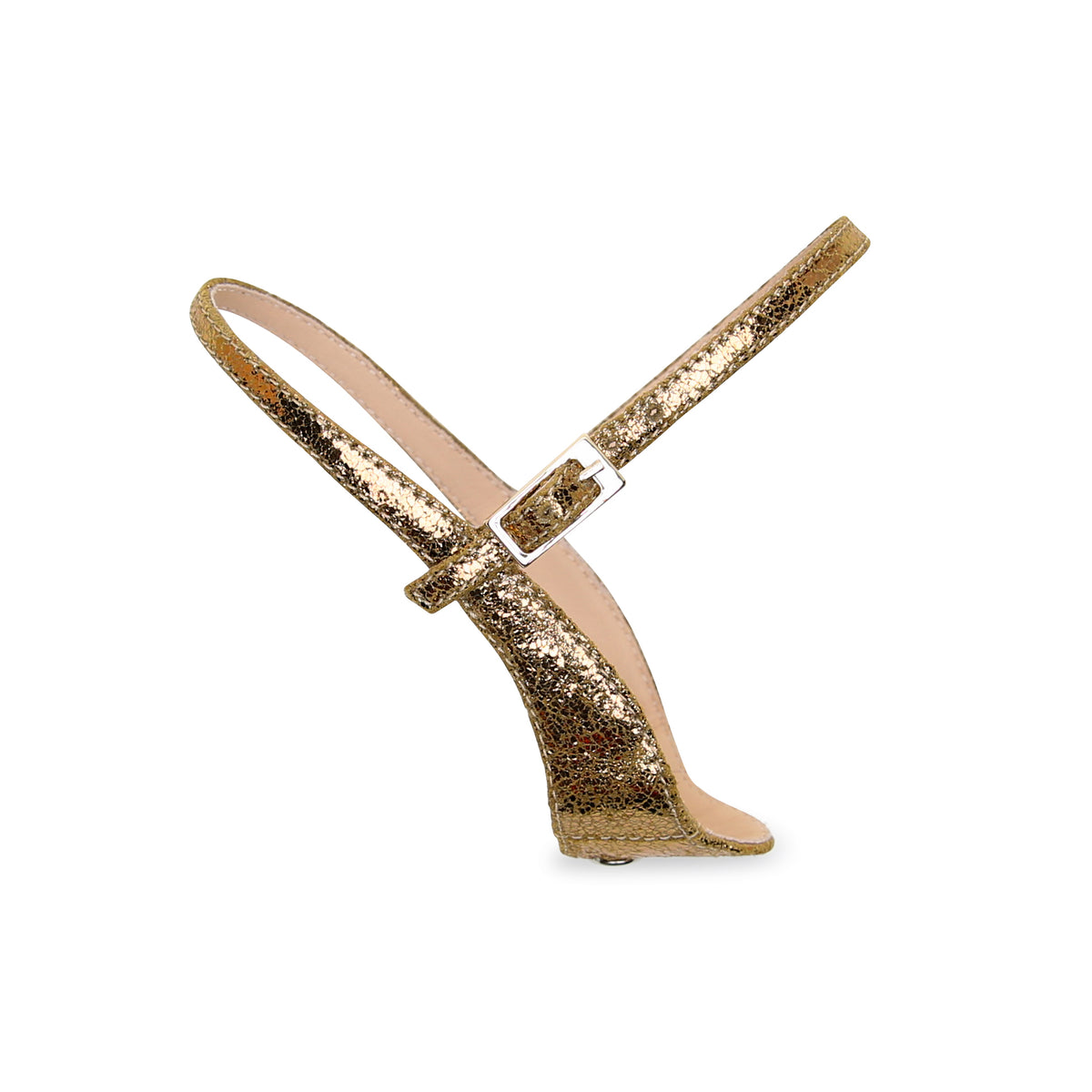 Amal in Antique Gold by Alterre, a detachable interchangeable strap crafted in crackled metallic embossed suede with rich gold ankle strap with a crackle finish.