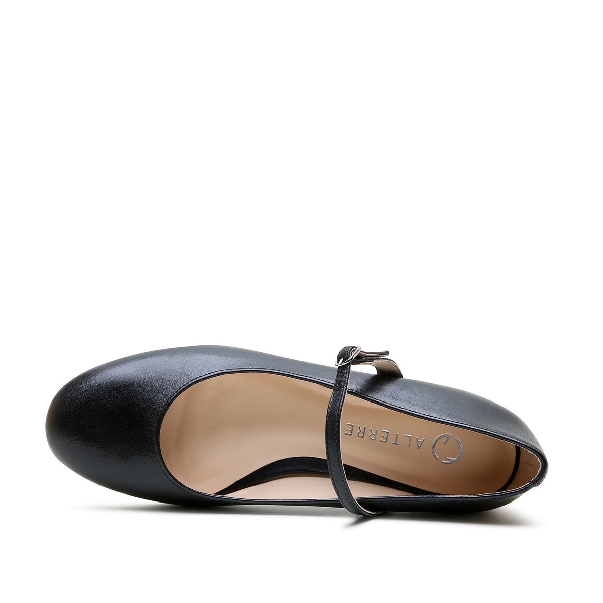 Overhead view of the Alterre Black Ballet Flat with Black Twiggy strap, showing the upper and footbed.
