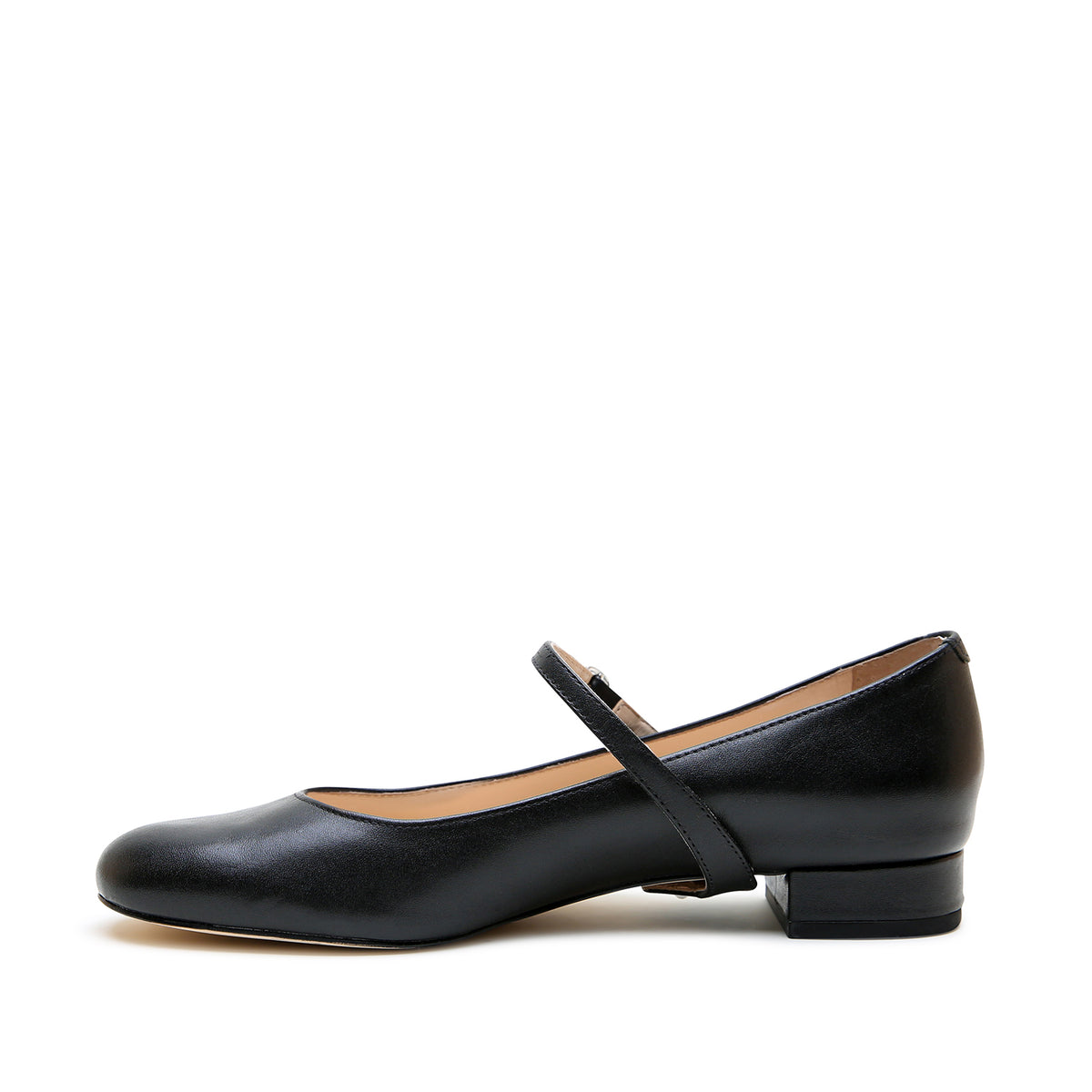 Inner side view of the Alterre Black Ballet Flat with Black Twiggy strap, showing the shoe profile and strap attachment.