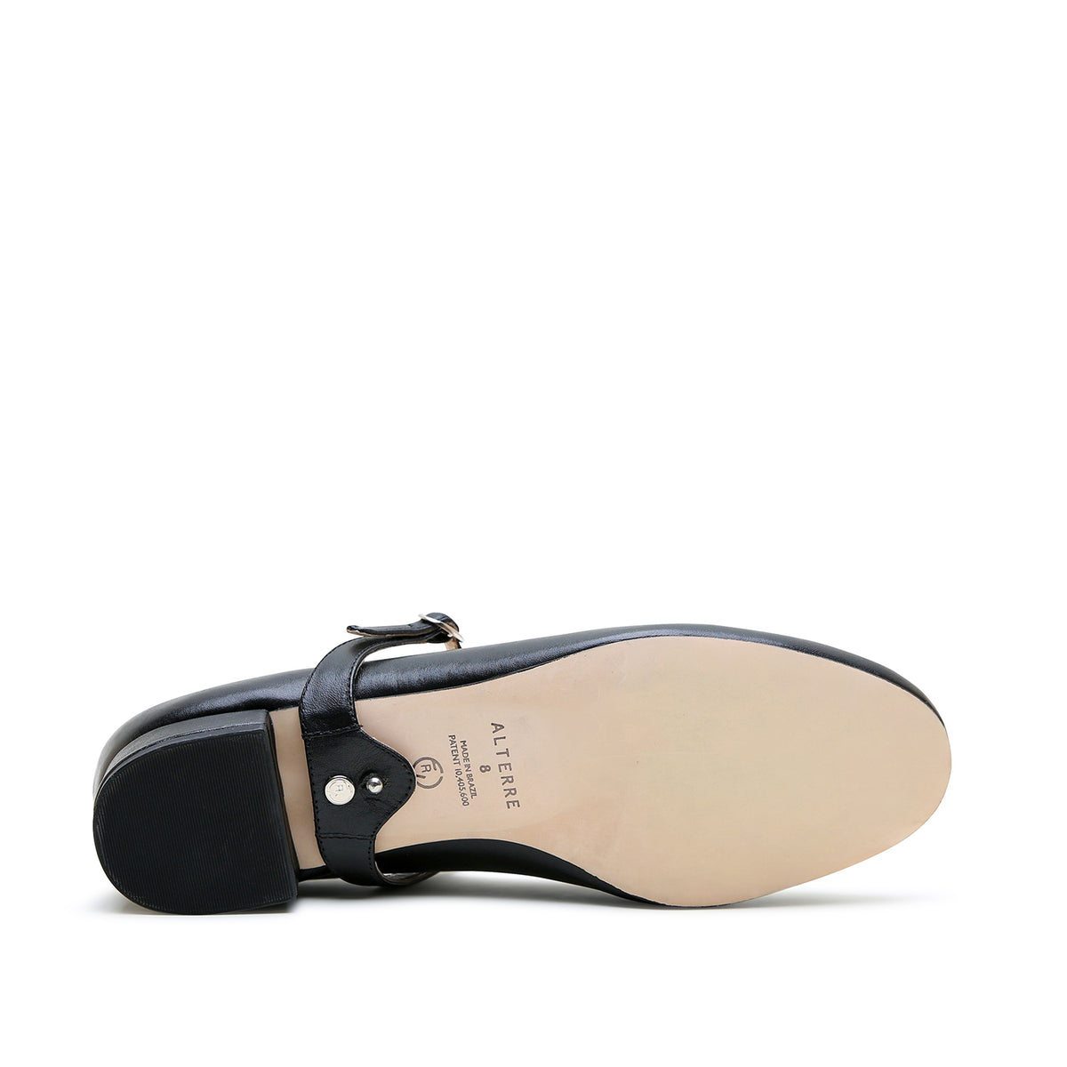 Sole view of the Alterre Black Ballet Flat with Black Twiggy strap, showing the outsole and heel.