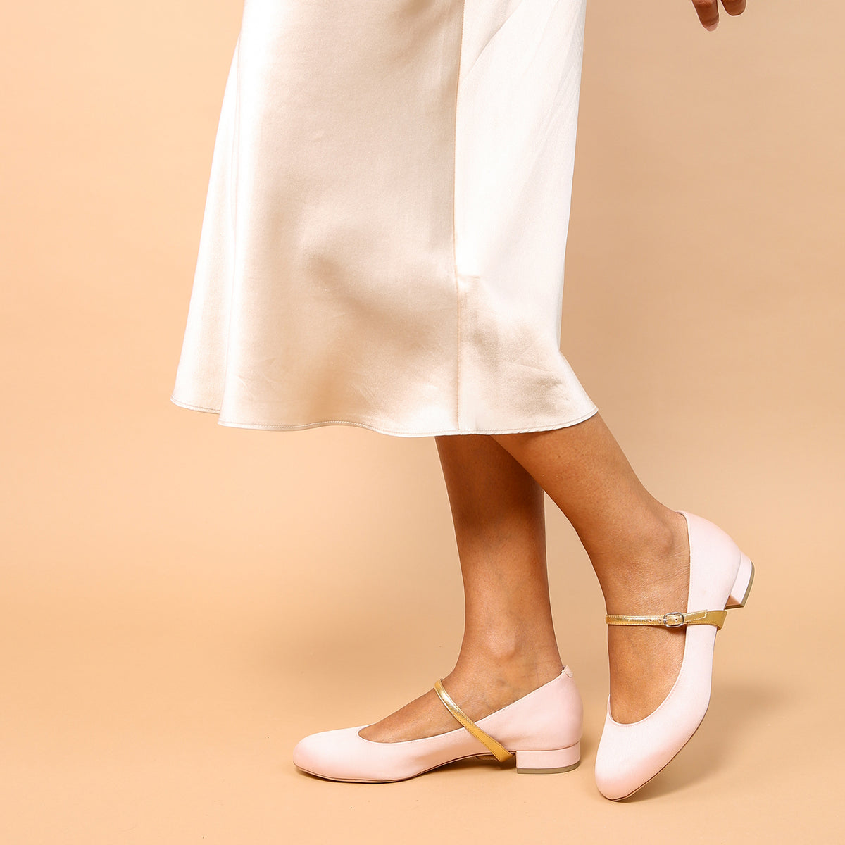 Ethical Luxury Footwear: Rose Satin Ballet Flat + Gold Twiggy Strap | Sustainable, Comfortable, and Customizable Shoes That Give Back