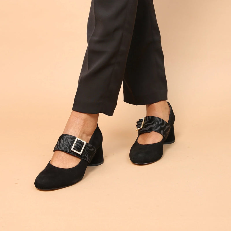 Black Suede Ballet Pump + Hairy Grace Strap Customized Pumps | Alterre Sustainable Heels - Ethical, Interchangeable Footwear