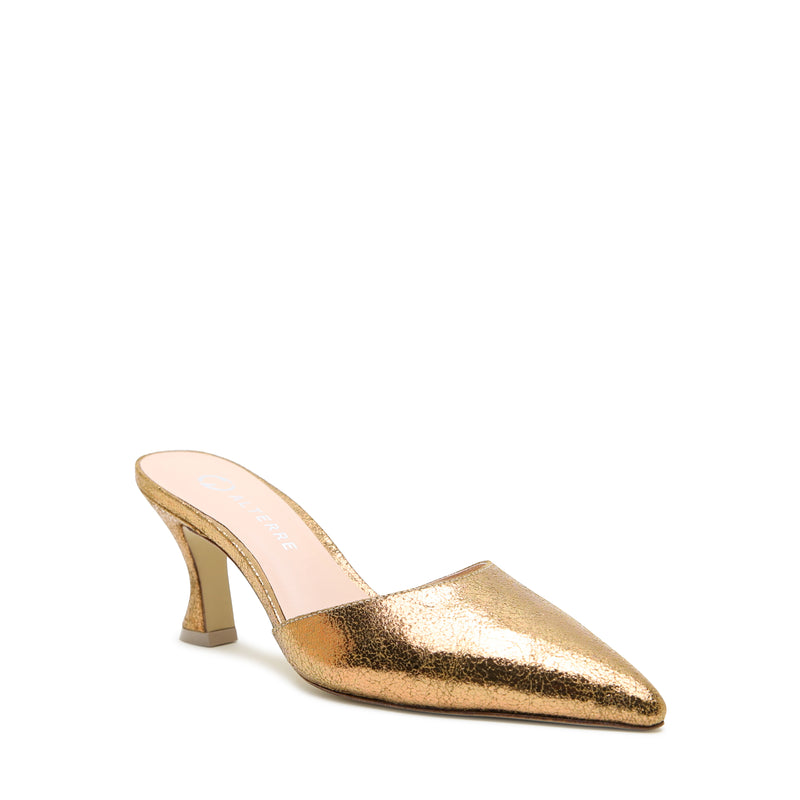 Alterre Antique Gold Curve Mule with sculptural heel, 3-inch heel, and an interchangeable design.