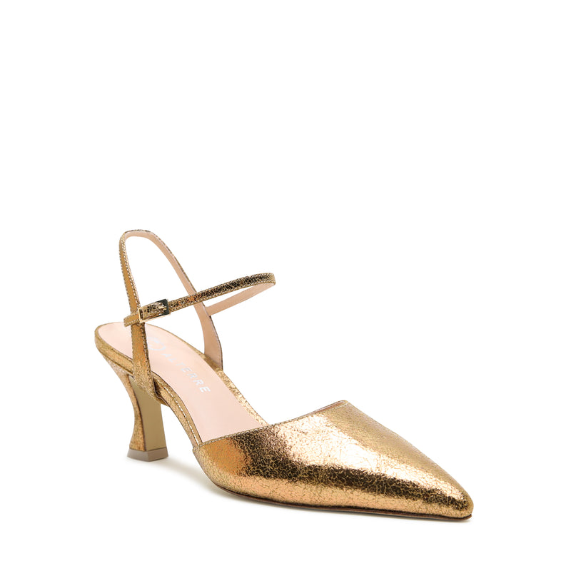Alterre Antique Gold Curve Mule + Amal Strap with sculptural heel, 3-inch heel, and an interchangeable design.