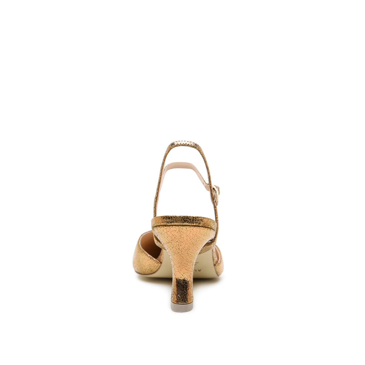 Antique Gold Curve Mule + Amal Strap crafted in crackled metallic embossed suede with can be snug at first but leather will soften and 3-inch heel.