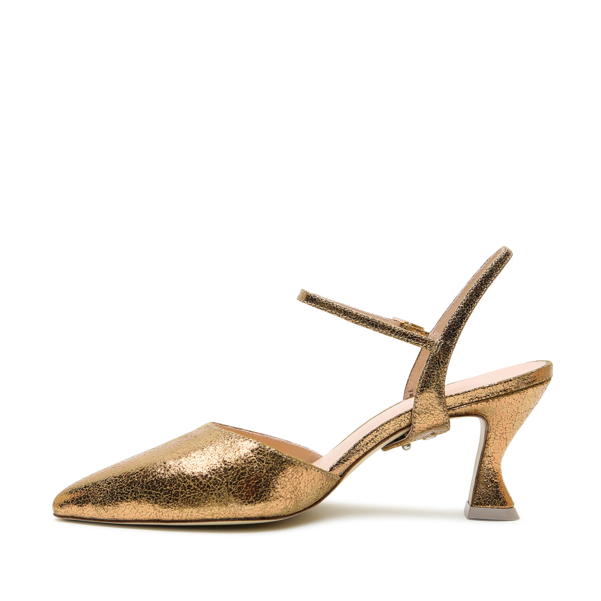 Alterre Antique Gold Curve Mule + Amal Strap with sculptural 3-inch recycled-plastic heel, eco-leather composite sole, and leather that softens with wear for versatile styling.