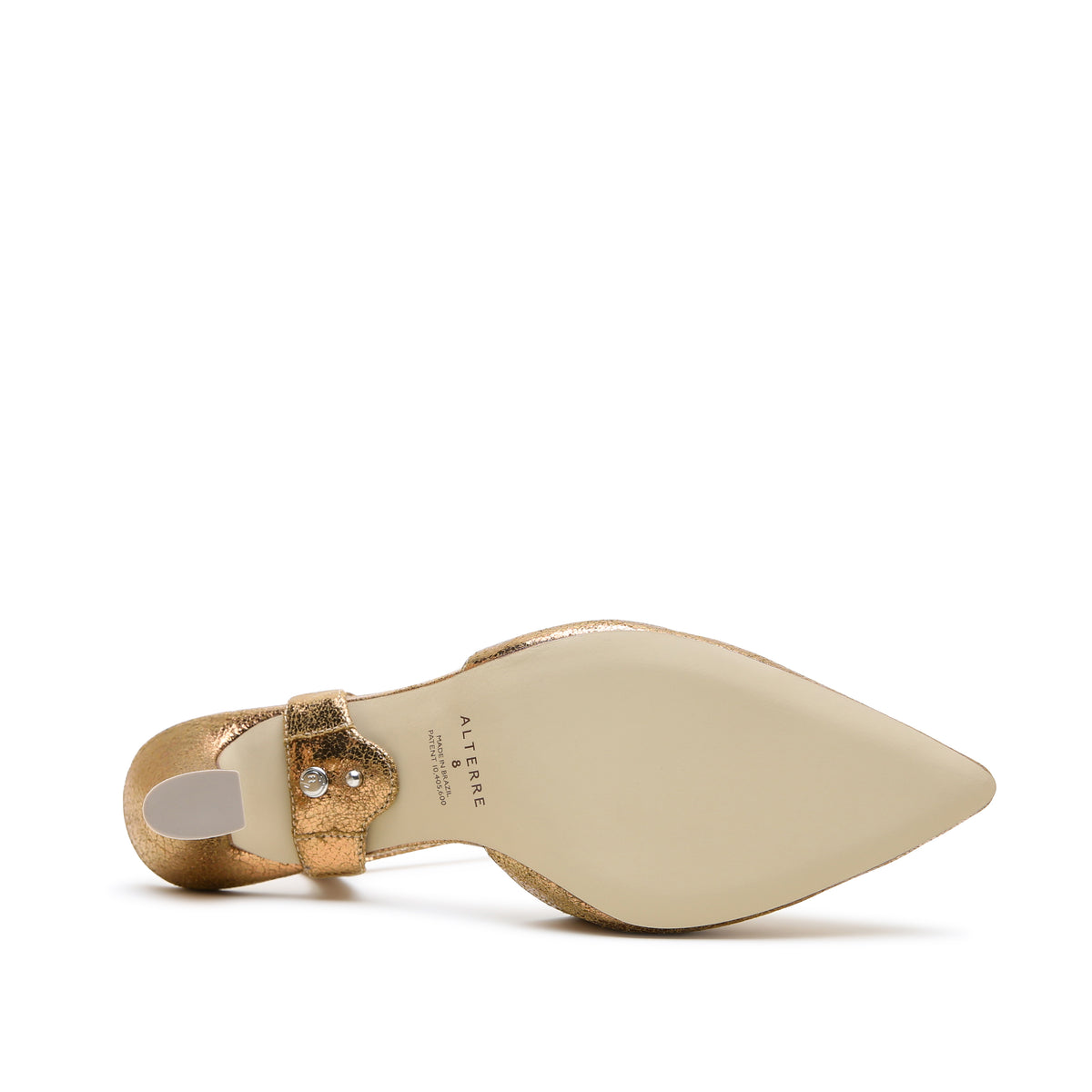 Antique Gold Curve Mule + Amal Strap crafted with calf leather lining, rich antique-gold crackle finish, and crackled metallic embossed suede upper.