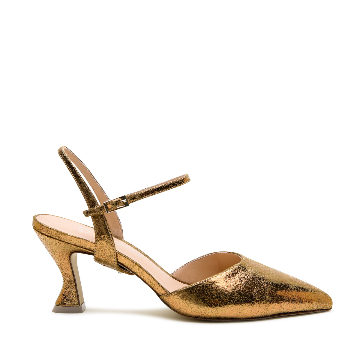 Antique Gold Curve Mule + Amal Strap by Alterre, featuring crackled metallic embossed suede, 3-inch heel, and rich gold mule with a crackle finish.