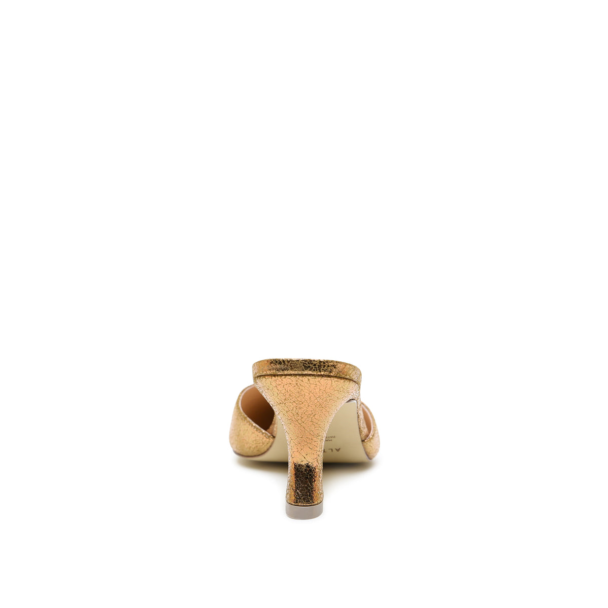 Antique Gold Curve Mule crafted in crackled metallic embossed suede with can be snug at first but leather will soften and 3-inch heel.