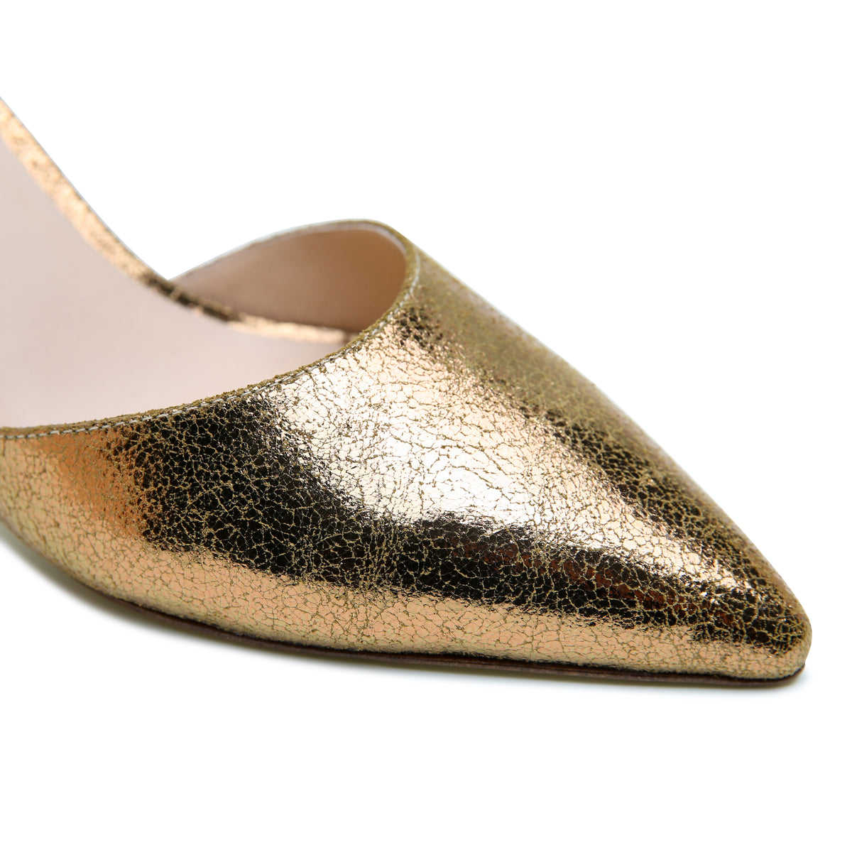 Antique Gold Curve Mule by Alterre, featuring crackled metallic embossed suede upper, extended point for a wider toe box, and interchangeable strap compatibility.