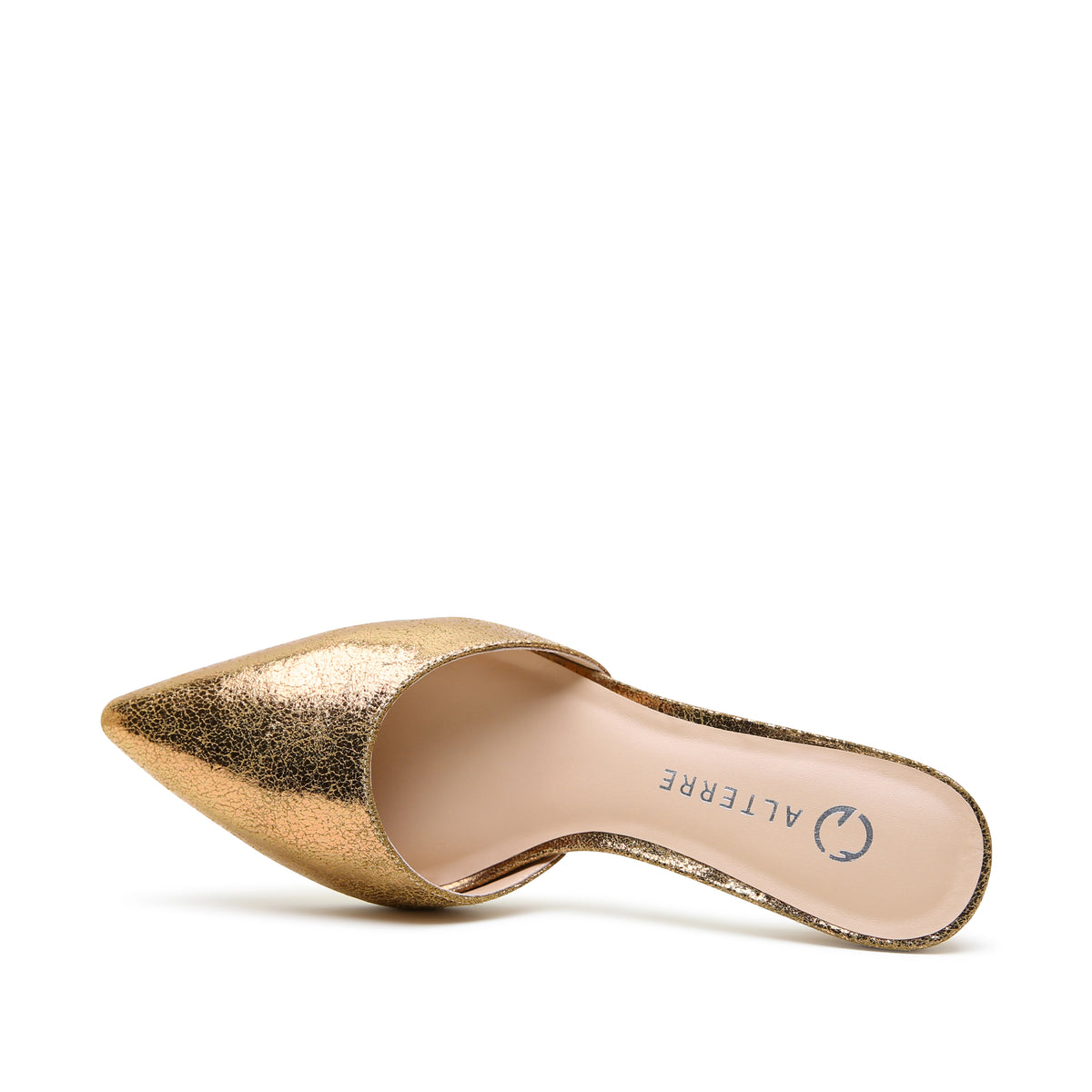 Alterre Antique Gold Curve Mule, an interchangeable style featuring interchangeable strap compatibility, special-occasion and wedding styling, and foam-padded insole.
