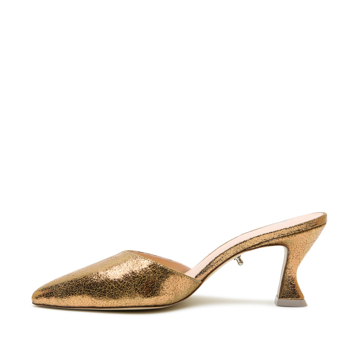 Antique Gold Curve Mule crafted with calf leather lining, rich antique-gold crackle finish, and crackled metallic embossed suede upper.