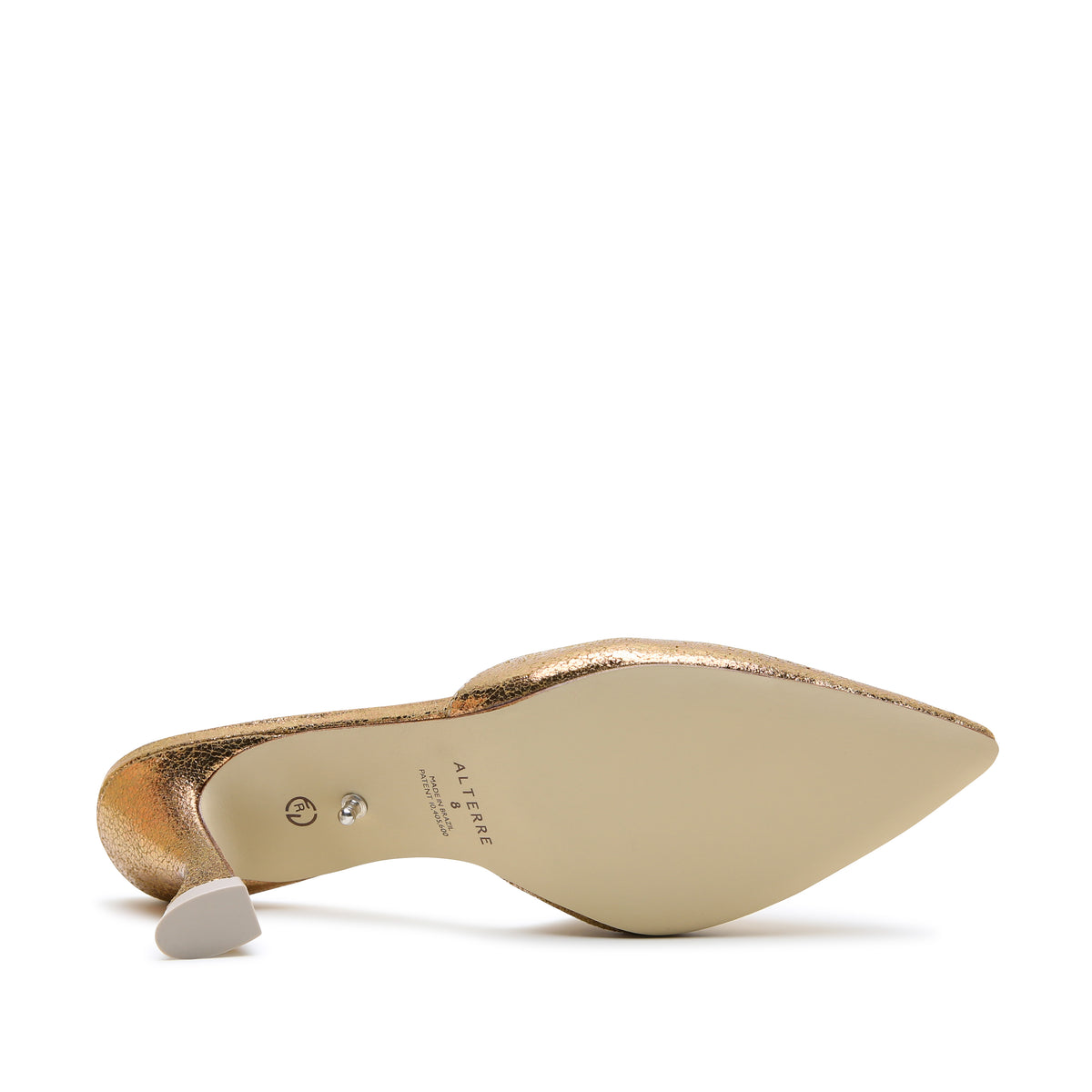 Antique Gold Curve Mule by Alterre combines leather that softens and molds with wear, sculptural 3-inch recycled-plastic heel, and calf leather lining.