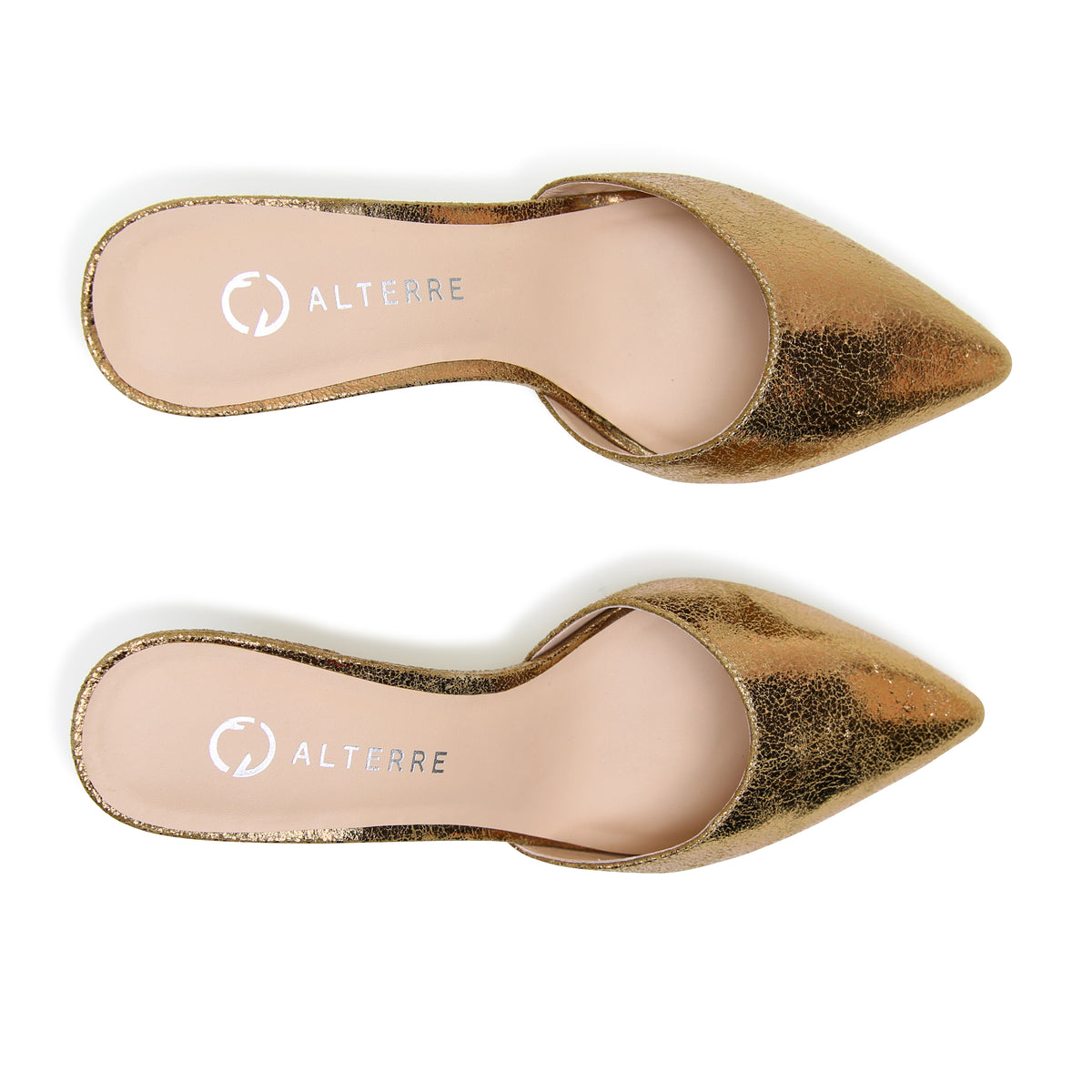 Alterre Antique Gold Curve Mule with foam-padded insole, eco-leather composite sole, and leather that softens and molds with wear for versatile styling.