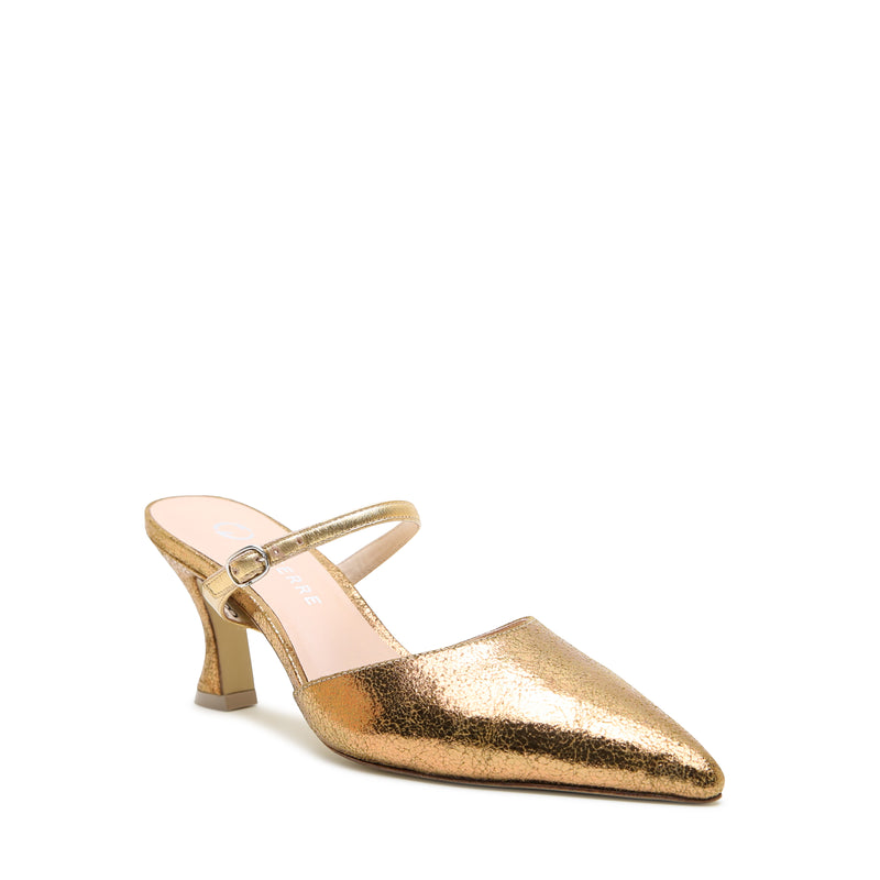 Alterre Antique Gold Curve Mule + Gold Twiggy Strap with sculptural heel, 3-inch heel, and an interchangeable design.