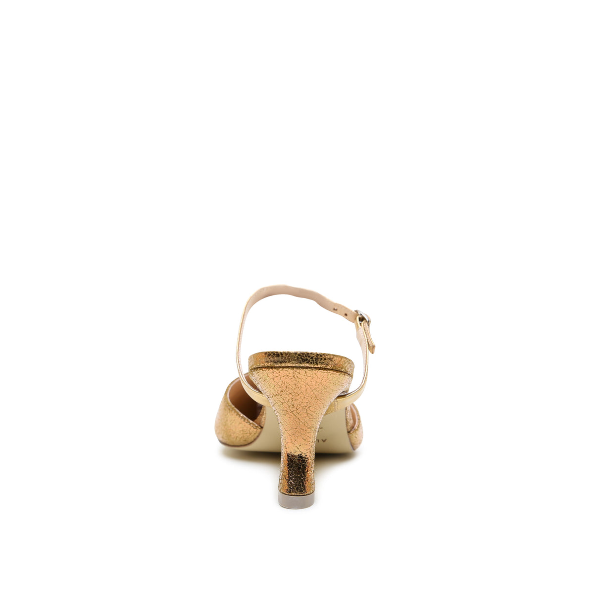 Antique Gold Curve Mule + Gold Twiggy Strap crafted in crackled metallic embossed suede with can be snug at first but leather will soften and 3-inch heel.