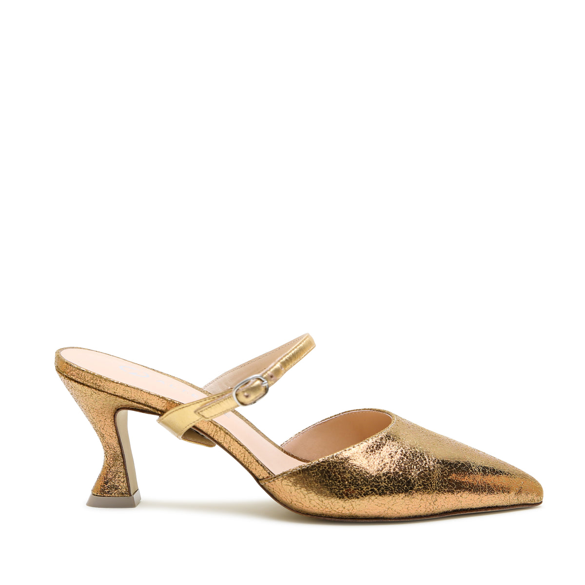 Antique Gold Curve Mule + Gold Twiggy Strap by Alterre, featuring crackled metallic embossed suede, 3-inch heel, and rich gold mule with a crackle finish.