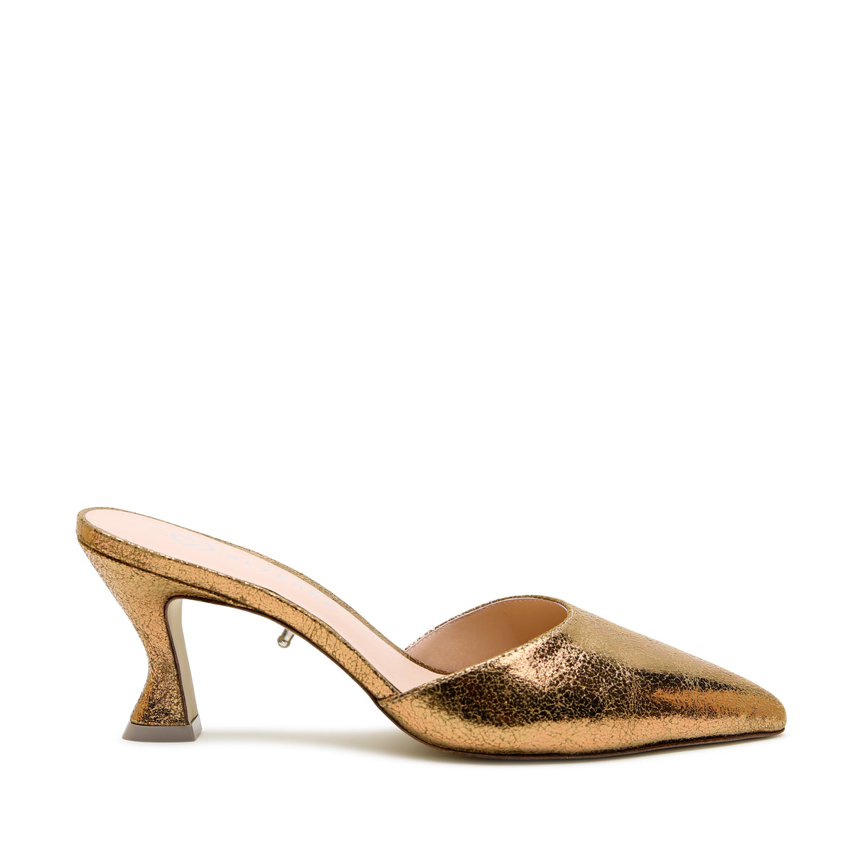 Antique Gold Curve Mule by Alterre, featuring crackled metallic embossed suede, 3-inch heel, and rich gold mule with a crackle finish.