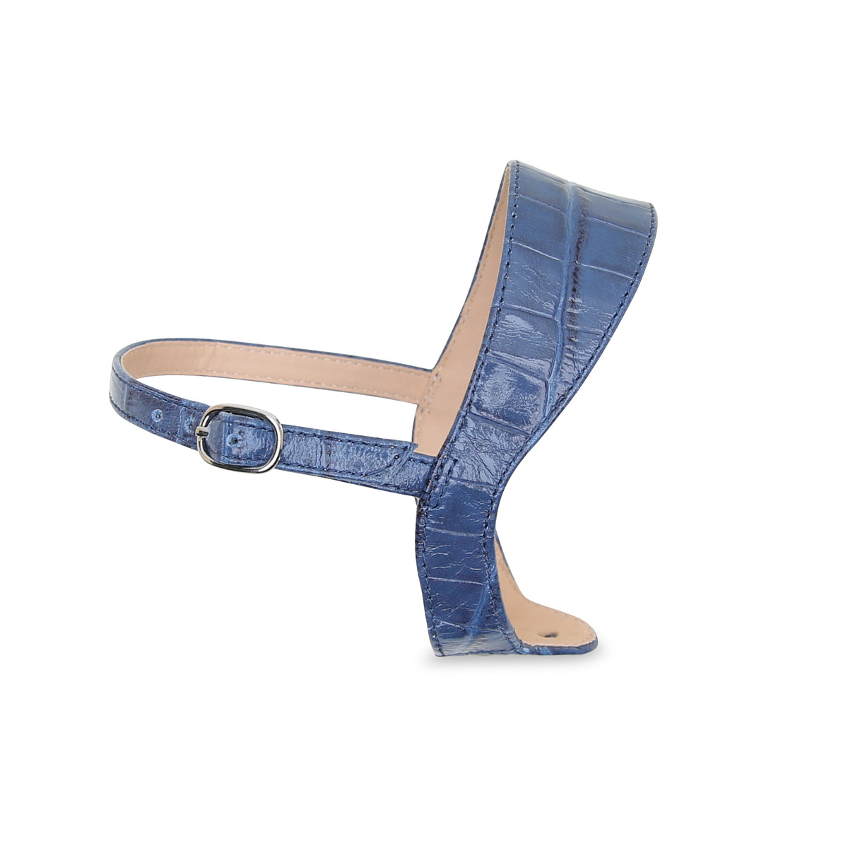 Elsie in Indigo Croc by Alterre, a detachable interchangeable strap crafted in waxed embossed calf leather with versatile blue ankle strap with subtle wax finish.