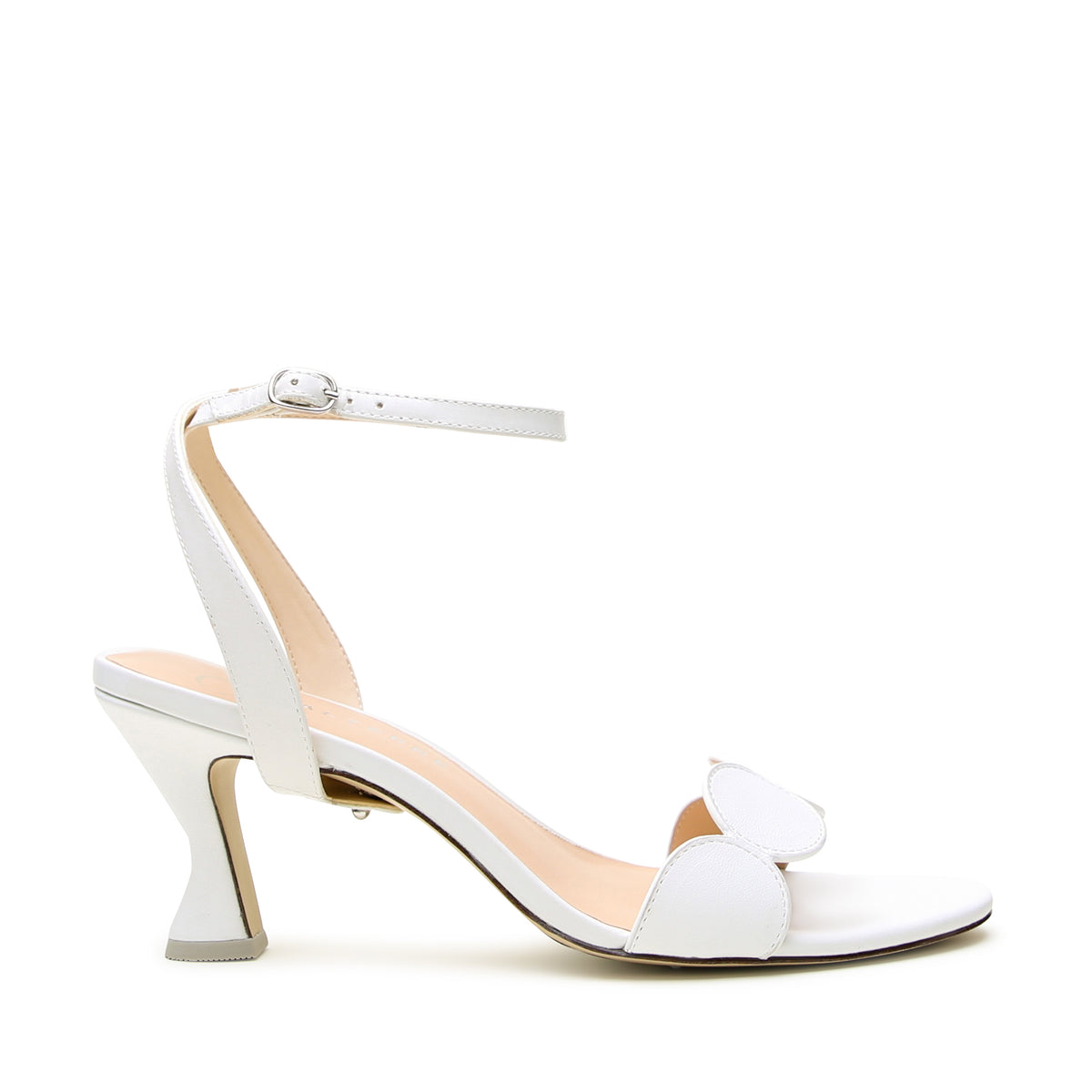 Alterre White Geo Sandal with Marilyn Strap, featuring a geometric leather design, detachable cross-back strap, and comfortable 3-inch heel.