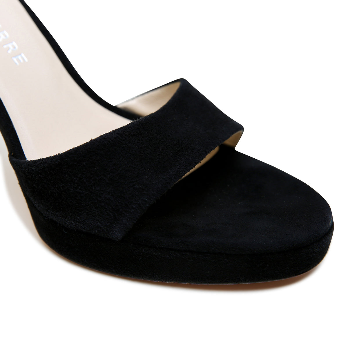 Alterre Black Suede Lo Platform, a customizable platform sandal featuring sumptuous suede platform heels, foam-padded insole, and detachable strap compatibility.