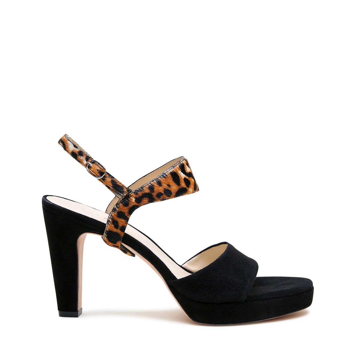 Black Suede Lo Platform + Jaguar Elsie Strap by Alterre, featuring printed calf hair, 3.5-inch heel, and sumptuous suede platform heels.