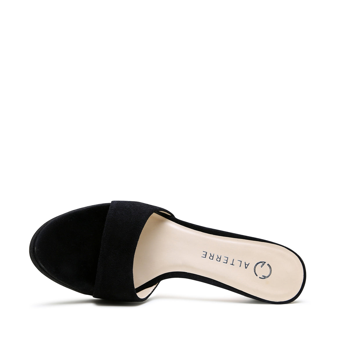 Alterre Black Suede Lo Platform combines kid suede upper and leather lining, composite leather sole with a 3.5-inch heel and 1/2-inch platform, a cushioned foam insole and interchangeable strap compatibility for versatile styling.