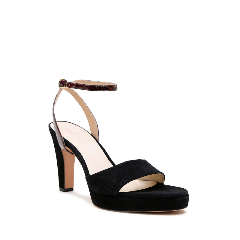 Alterre Black Suede Lo Platform + Burgundy Python Marilyn Strap with padded insole for all night comfort, 3.5-inch heel, and an interchangeable design.