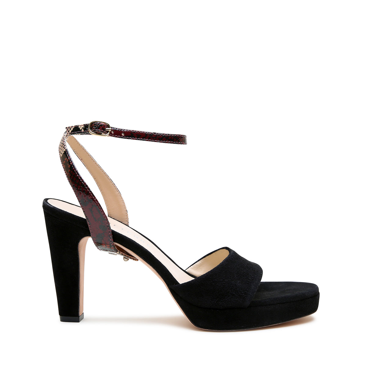 Black Suede Lo Platform + Burgundy Python Marilyn Strap by Alterre, featuring kid suede, 3.5-inch heel, and sumptuous suede platform heels.