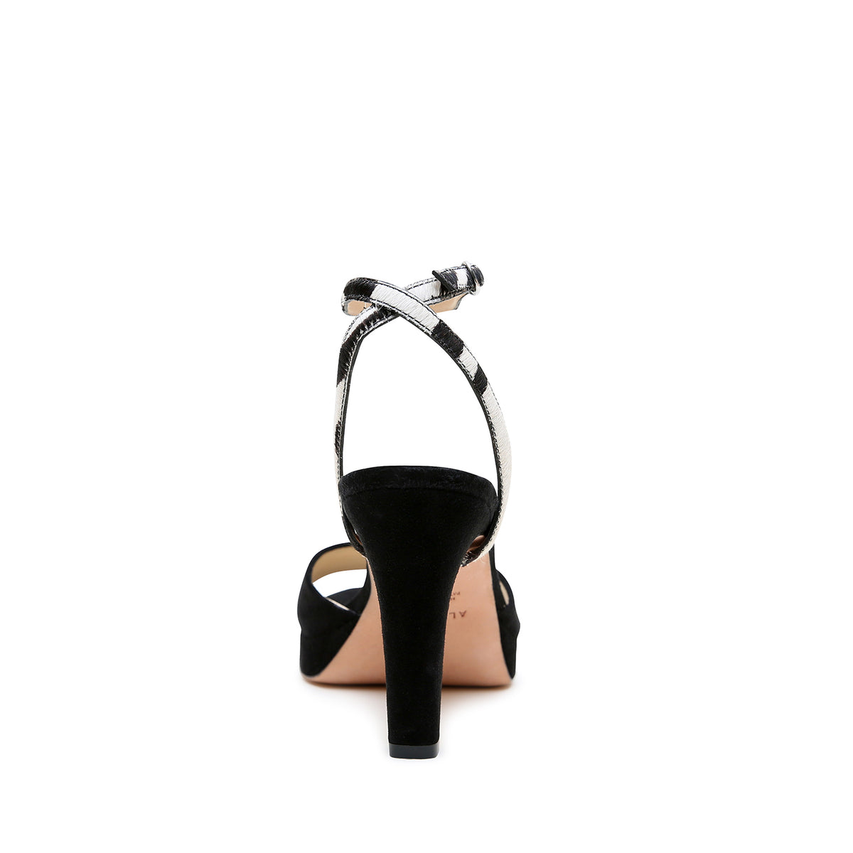 Black Suede Lo Platform + White Zebra Marilyn Strap crafted in printed calf hair with can be snug at first but leather will soften and 3.5-inch heel.