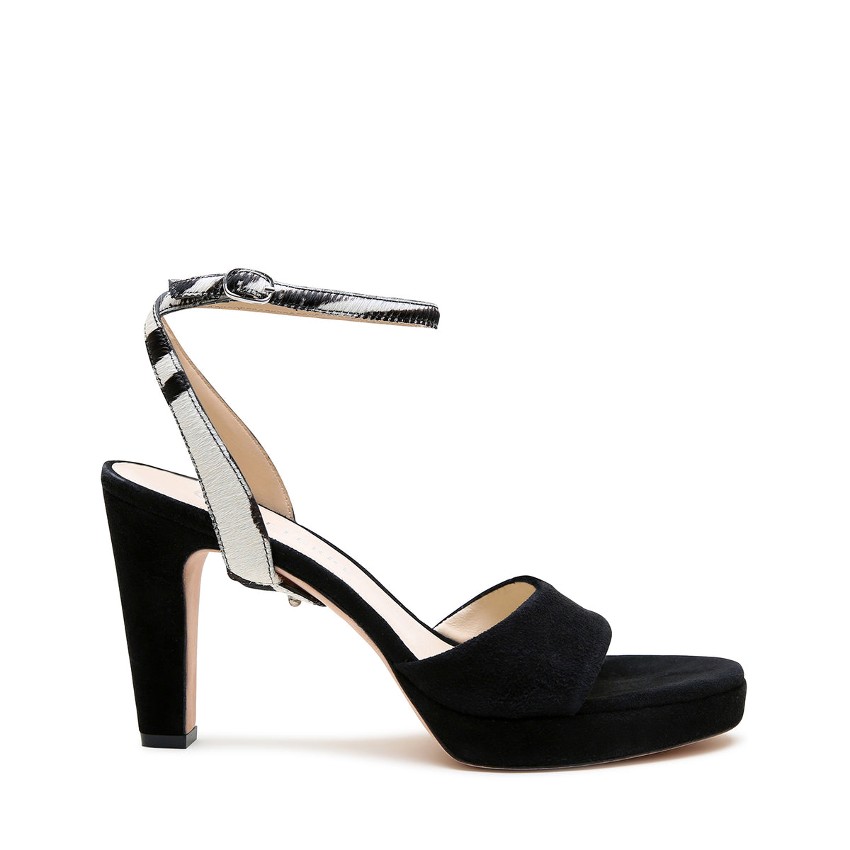 Black Suede Lo Platform + White Zebra Marilyn Strap by Alterre, featuring printed calf hair, 3.5-inch heel, and sumptuous suede platform heels.