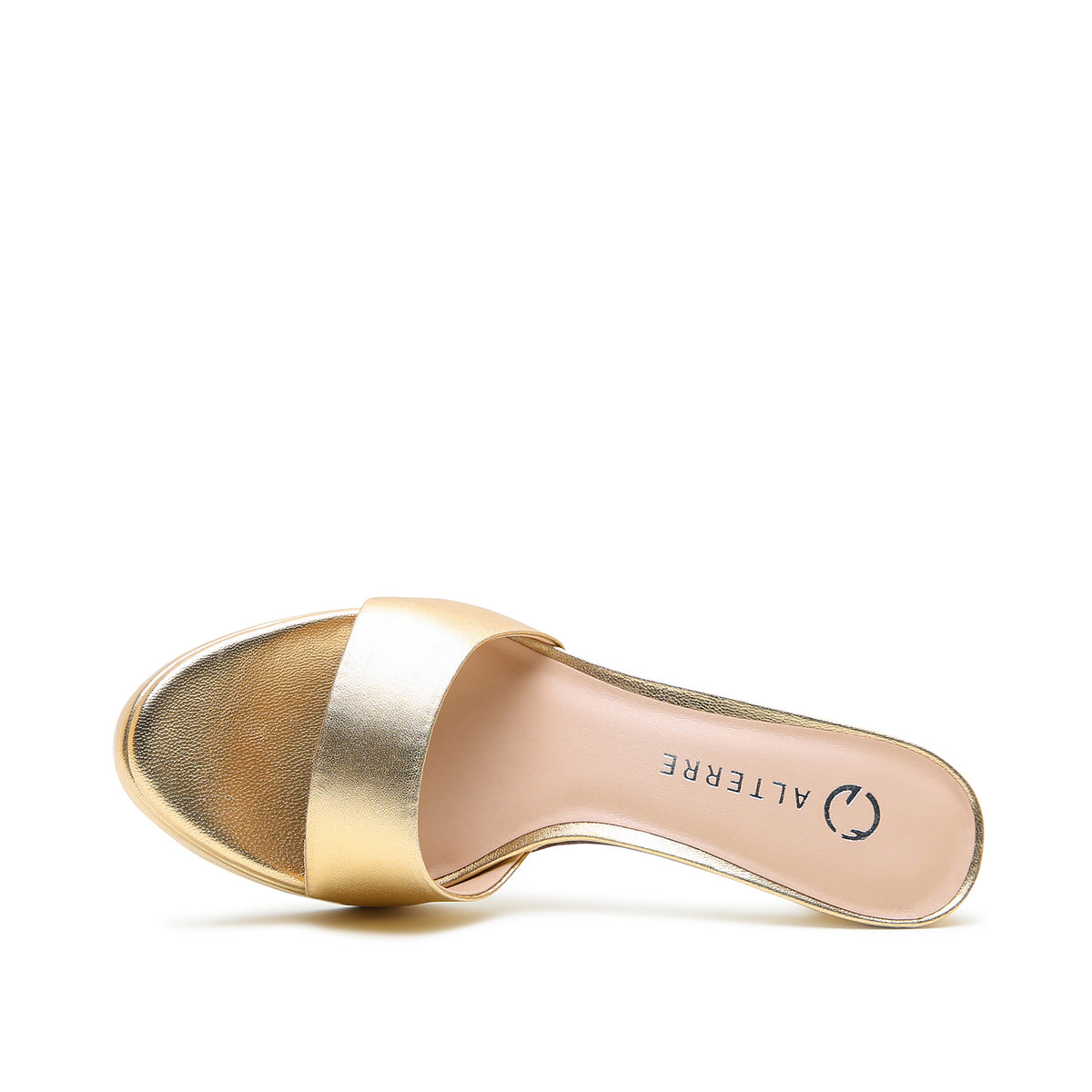 Alterre Gold Lo Platform combines leather upper and lining, pu sole with a 3.5-inch heel and 1/2-inch platform, a cushioned foam insole and interchangeable strap compatibility for versatile styling.
