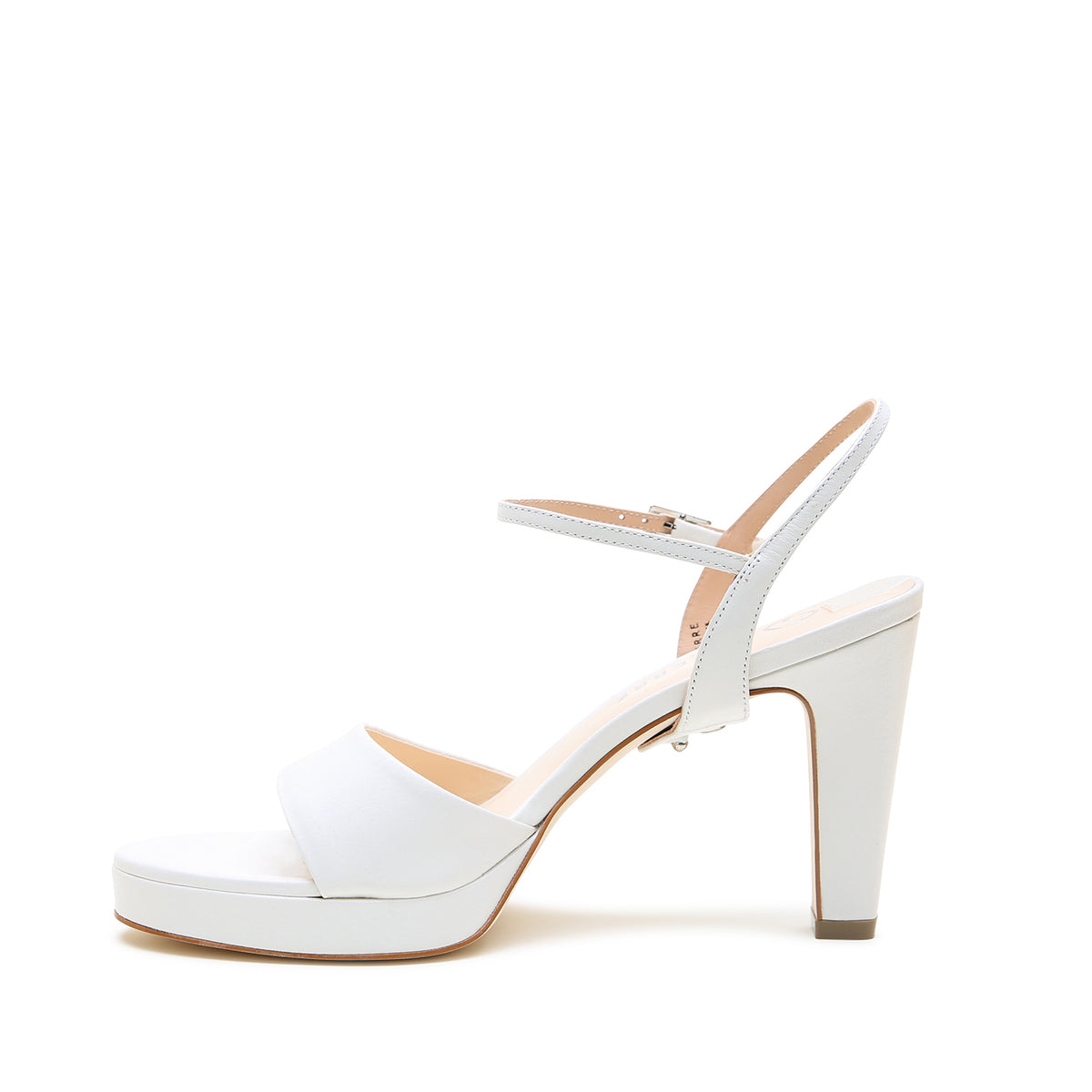 White Lo Platform + Amal Strap by Alterre, featuring genuine leather upper and eco-leather sole, a 3.5-inch heel and 1/2-inch platform, a cushioned foam insole, and detachable strap styling.