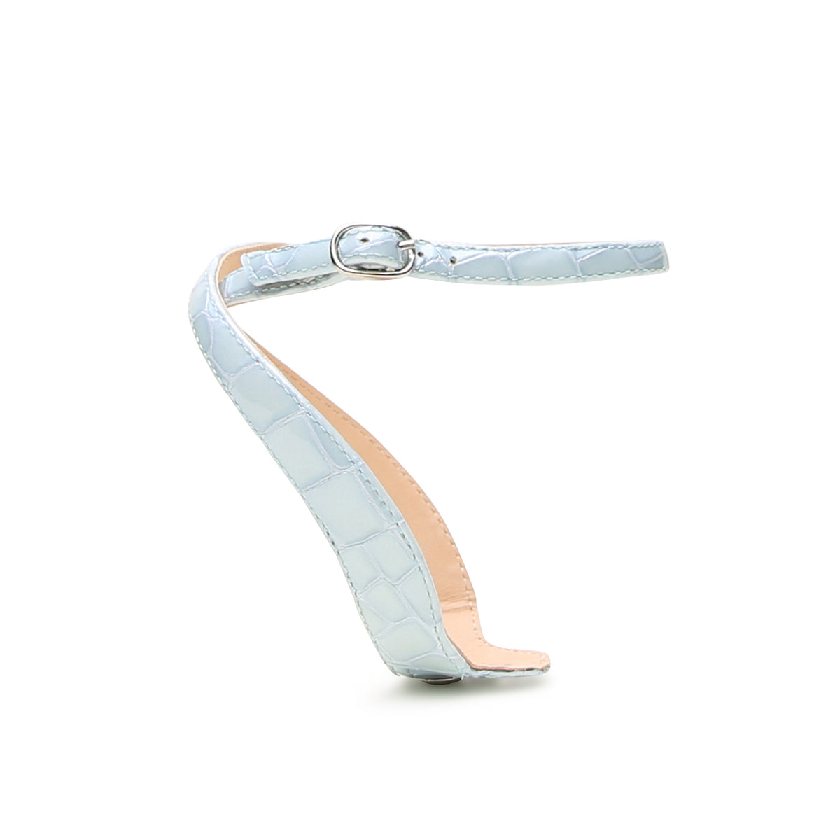 Alterre Marilyn Strap in Blue Viper, a light blue embossed patent croc print strap designed to pair with most Alterre shoe bases, shown with the Wave Sandal in Blue Viper sold separately.