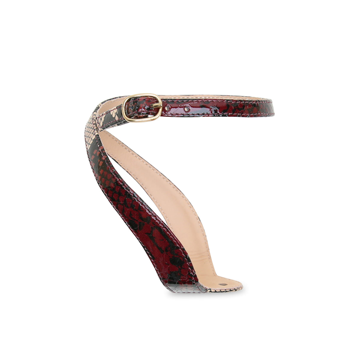 Marilyn in Burgundy Python by Alterre, a detachable interchangeable strap crafted in PU-coated printed calf leather with glossy cross-back burgundy python ankle strap with black, brown, and tan highlights.