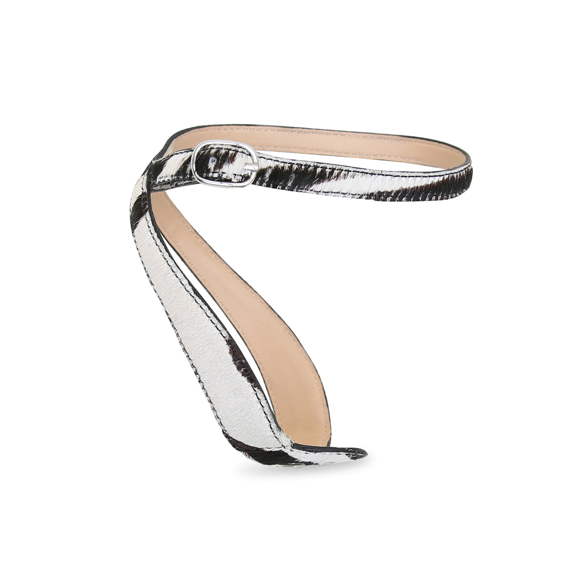 Marilyn in White Zebra by Alterre, a detachable interchangeable strap crafted in printed calf hair with versatile cross-back black and white zebra ankle strap.