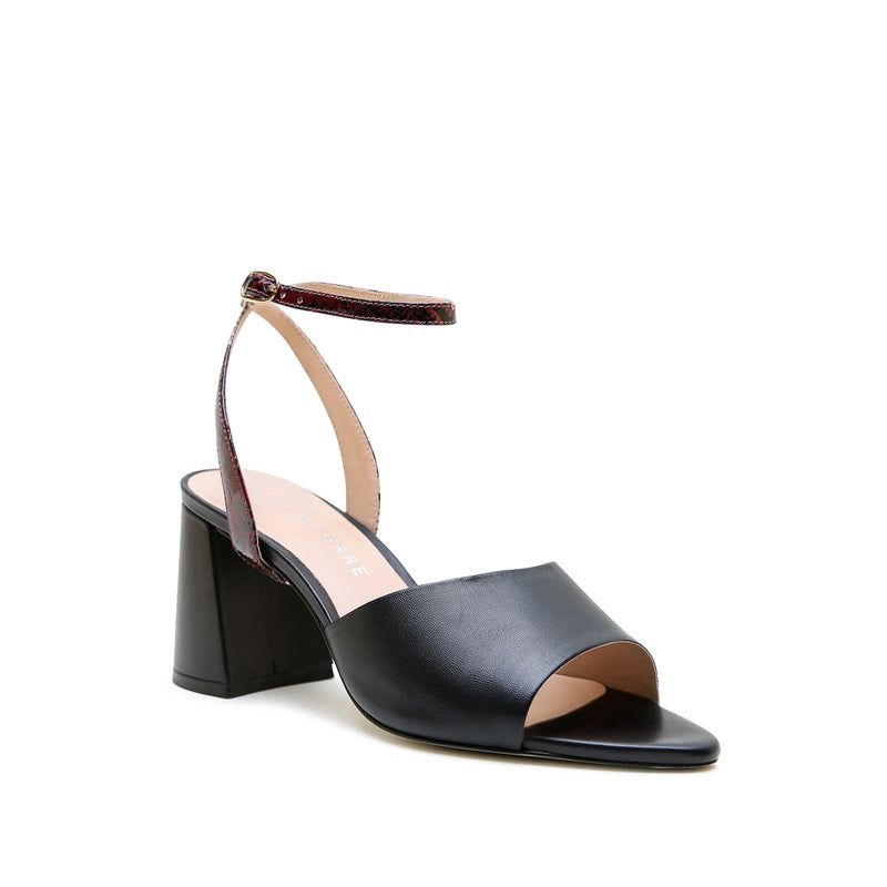 Alterre Black Point Sandal + Burgundy Python Marilyn Strap with padded insole and designed to accomodate bunions for all day comfort, 3-inch heel, and an interchangeable design.