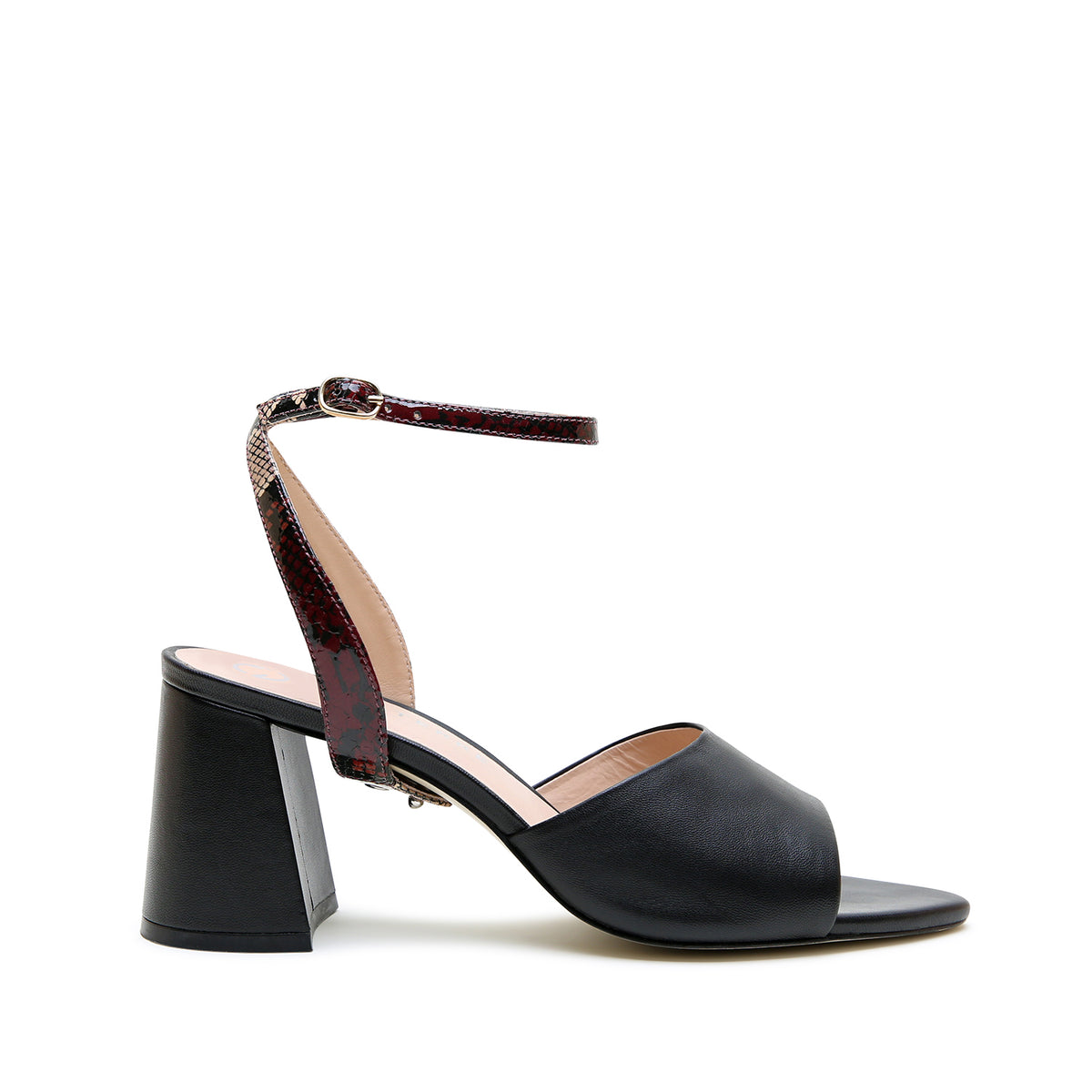 Black Point Sandal + Burgundy Python Marilyn Strap by Alterre, featuring calf leather, 3-inch heel, and versatile black block heels.