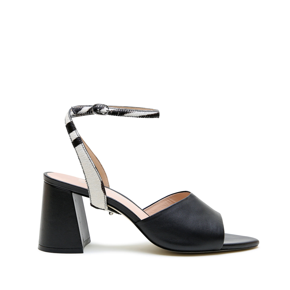 Black Point Sandal + White Zebra Marilyn Strap by Alterre, featuring printed calf hair, 3-inch heel, and versatile black block heels.