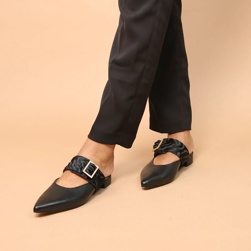 Black Pointed Loafer + Hairy Zebra Grace Strap Customized Slides | Alterre Sustainable Slides - Ethical, Interchangeable Footwear 