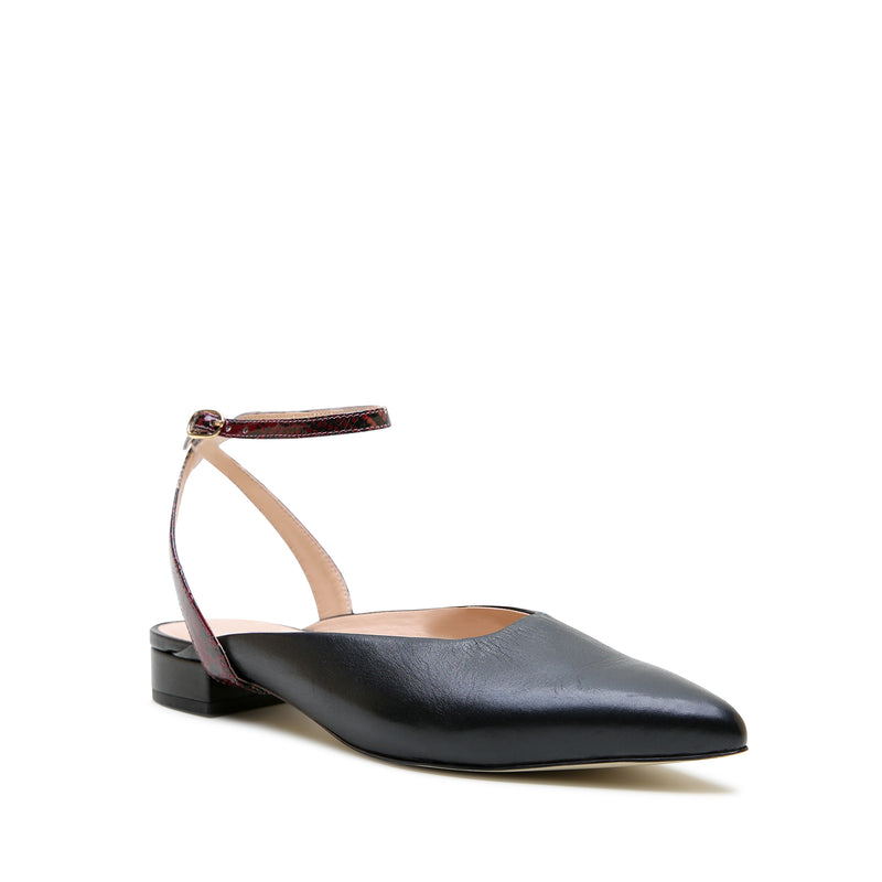 Alterre Black Point Slide + Burgundy Python Marilyn Strap with padded insole and low heel for all day comfort, 3/4-inch heel, and an interchangeable design.