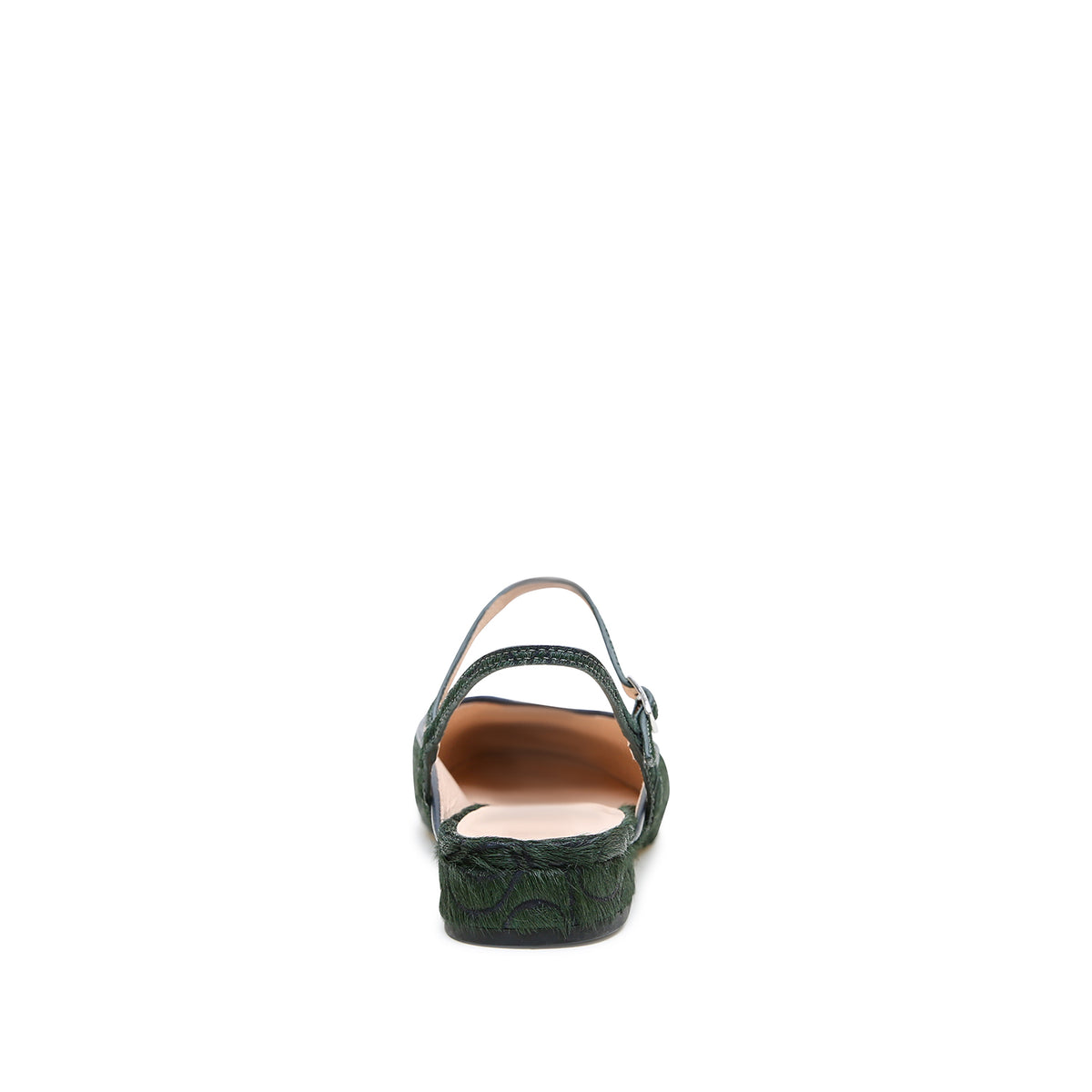 Groovy Green Point Slide + Amal Strap by Alterre, featuring laser engraved calf hair upper and leather lining with eco-leather composite sole, a 3/4-inch heel, a cushioned foam insole, and detachable strap styling.