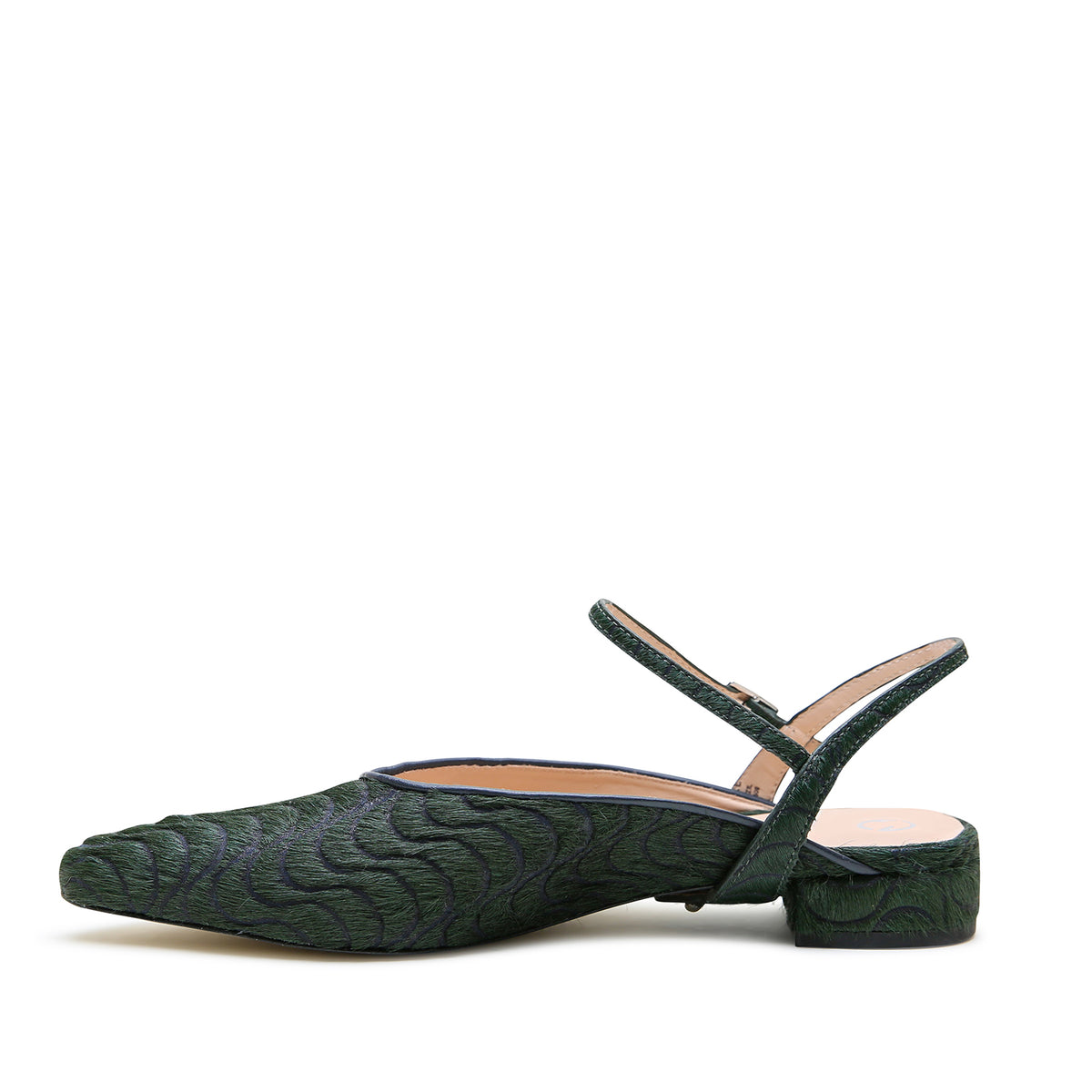 Alterre Groovy Green Point Slide + Amal Strap combines laser engraved calf hair upper and leather lining with eco-leather composite sole with a 3/4-inch heel, a cushioned foam insole and detachable strap styling for versatile styling.