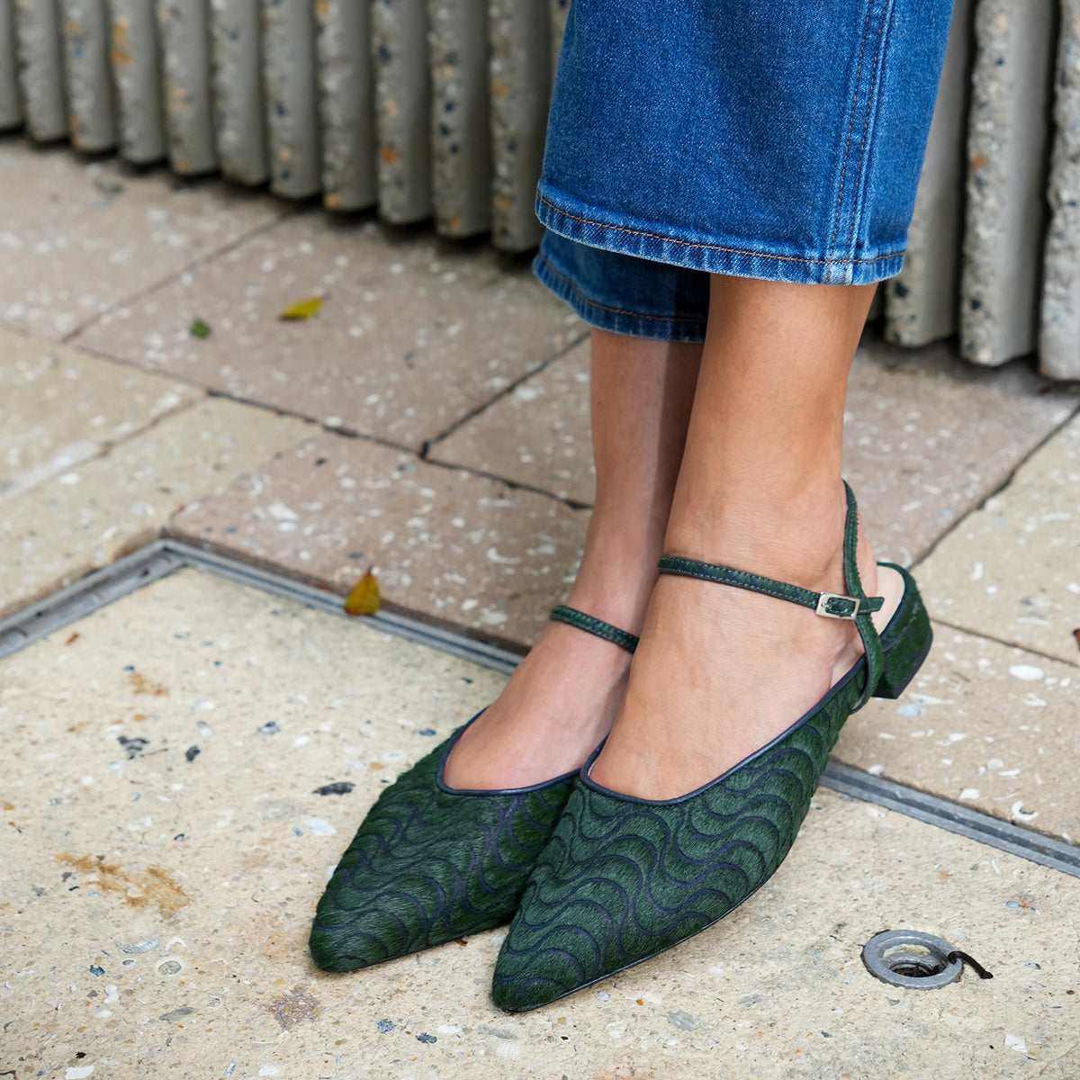 Alterre Groovy Green Point Slide + Amal Strap combines laser engraved calf hair upper and leather lining with eco-leather composite sole with a 3/4-inch heel, a cushioned foam insole and detachable strap styling for versatile styling.