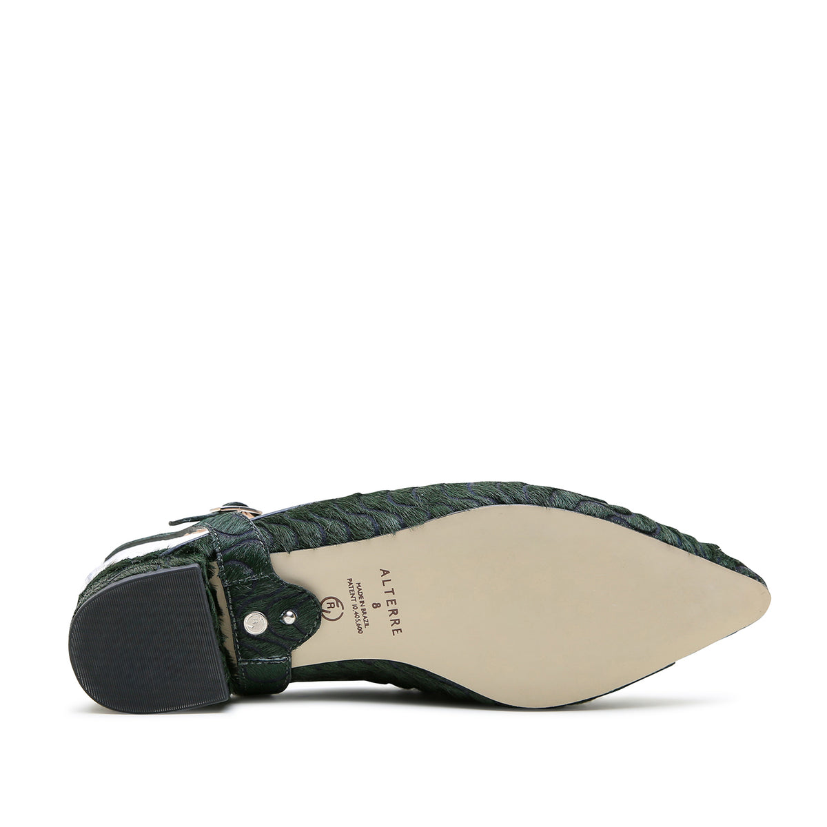 Groovy Green Point Slide + Amal Strap by Alterre, designed for mix-and-match styling with laser engraved calf hair upper and leather lining with eco-leather composite sole and a cushioned foam insole.