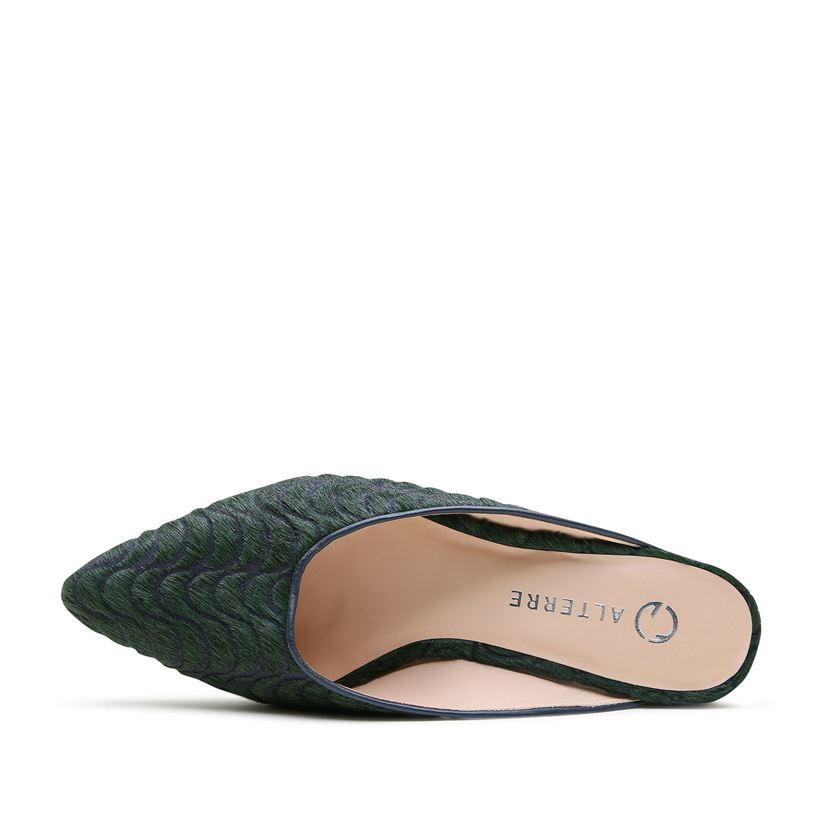 Alterre Groovy Green Point Slide combines laser engraved calf hair upper and leather lining with eco-leather composite sole with a 3/4-inch heel, a cushioned foam insole and interchangeable strap compatibility for versatile styling.