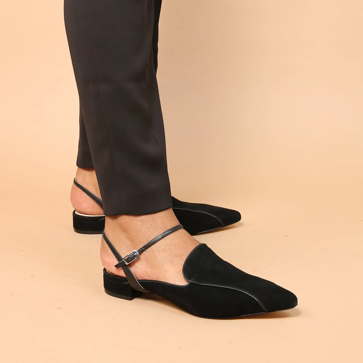Discover Black Suede Pointed Loafer + Black Amal Strap Custom Slides | Alterre Interchangeable, Sustainable & Ethical Shoes