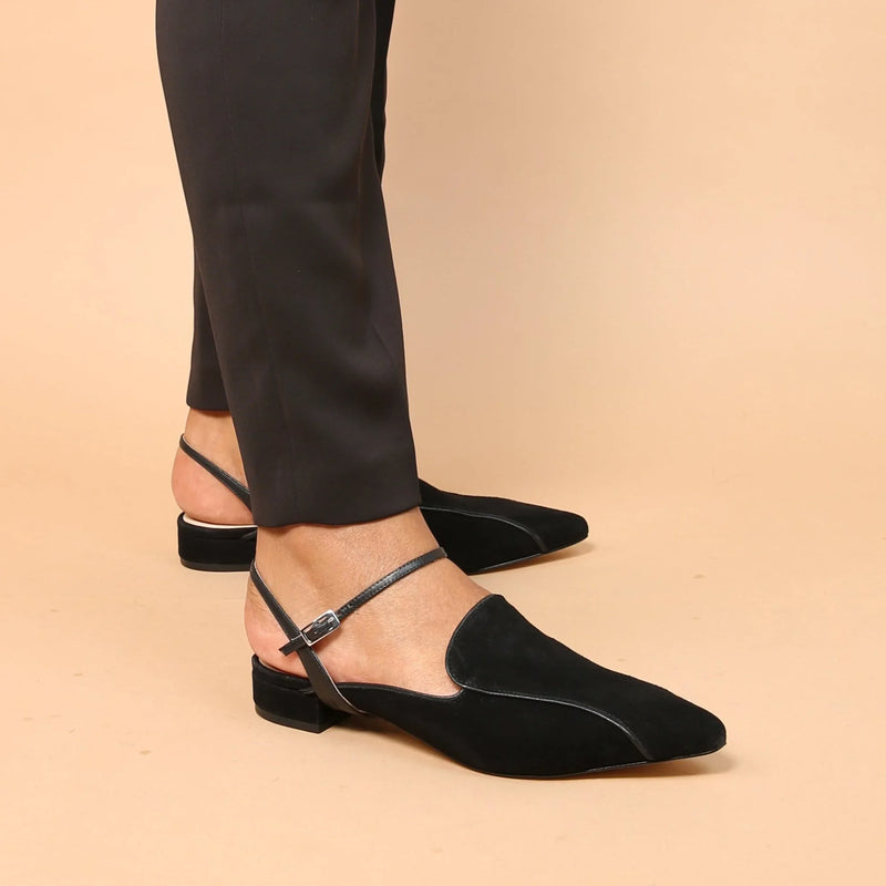Discover Black Suede Pointed Loafer + Black Amal Strap Custom Slides | Alterre Interchangeable, Sustainable & Ethical Shoes