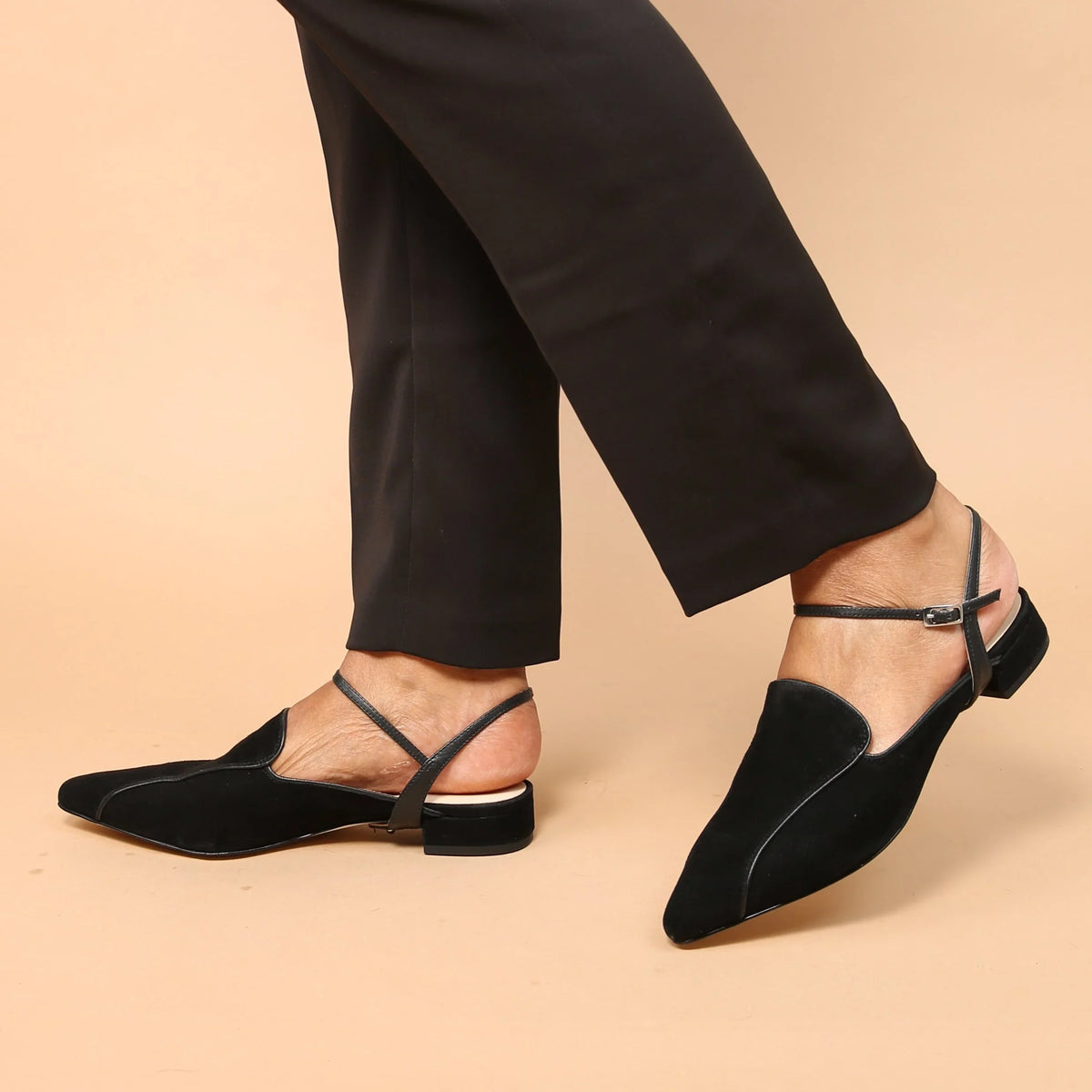 Black Suede Pointed Loafer +  Black Amal Strap Customized Slides | Alterre Sustainable Slides - Ethical, Interchangeable Footwear