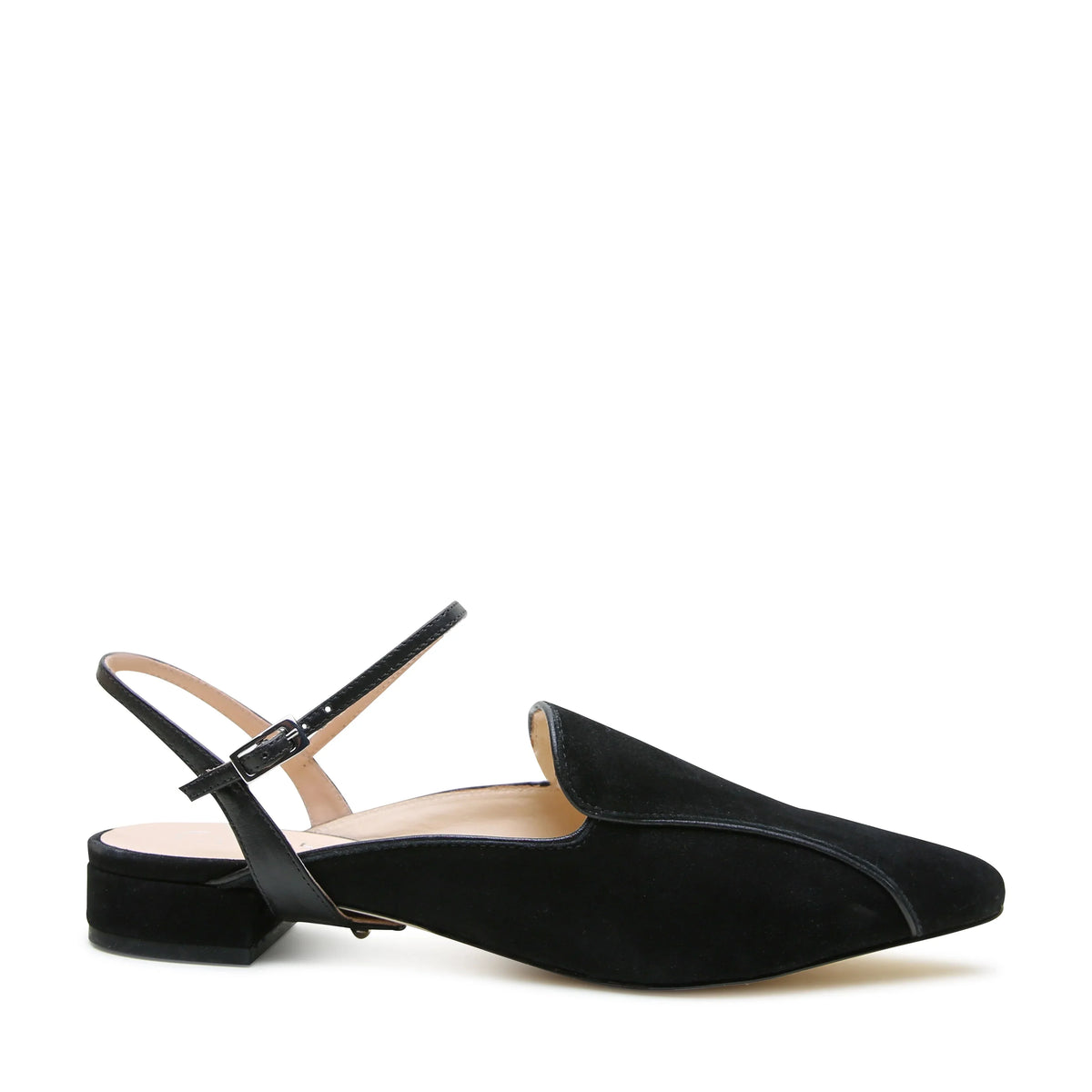 Shop Black Suede Pointed Loafer + Black Amal Strap | Alterre Interchangeable Heels - Sustainable & Ethical Footwear